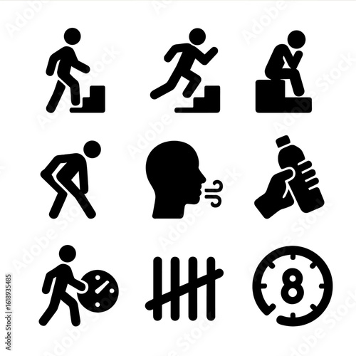 Stair Sprint Icons. Solid, filled icon set of stair sprint workout phases: warm-up, sprint, rest, cooldown, stretching, breathing,