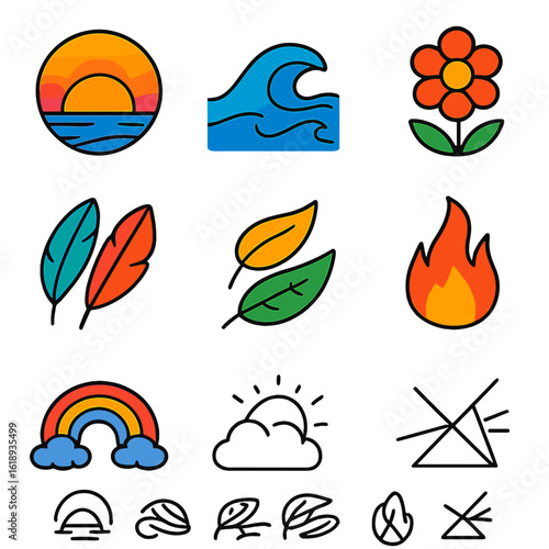 Natural Elements Icons. Solid, filled icon set of natural color dynamics: sunset with gradient sky, ocean tide waves, blooming