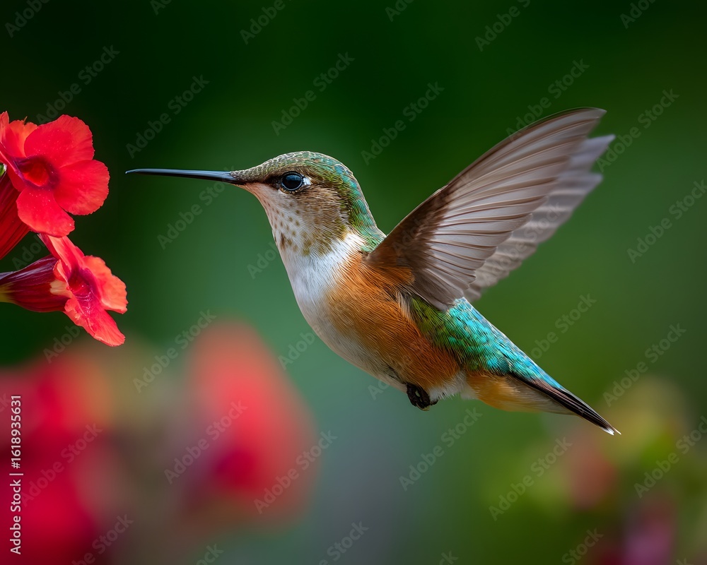 Fototapeta premium Ruby-Throated Hummingbird Hovering Near Red Trumpet Vine Flower