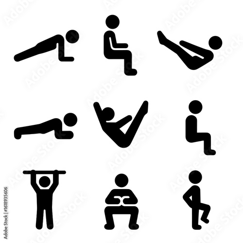 Static Exercise Icon Grid. Solid, filled icon set of static holds and isometrics: plank, wall sit, hollow hold, glute bridge hold,