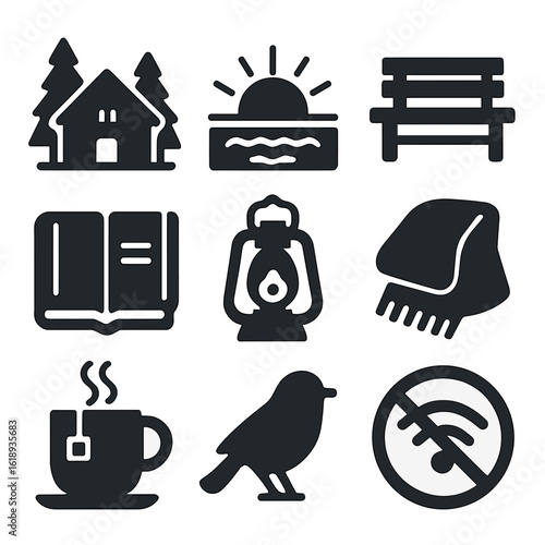 Nature Retreat Icons. Solid, filled icons set of peaceful nature retreats: cabin in woods, sunrise view,