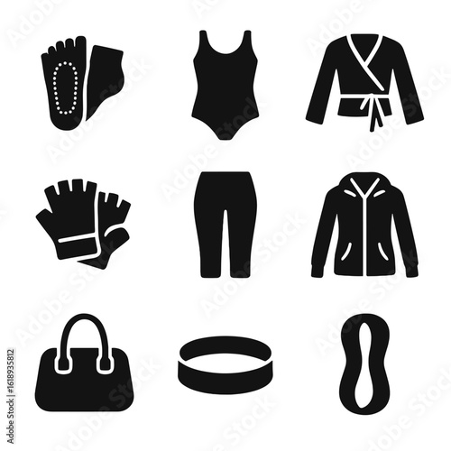 Studio Fitness Icons. Solid, filled icon set of studio fitness outfits: barre socks, tank leotard, ballet wrap, grip gloves,