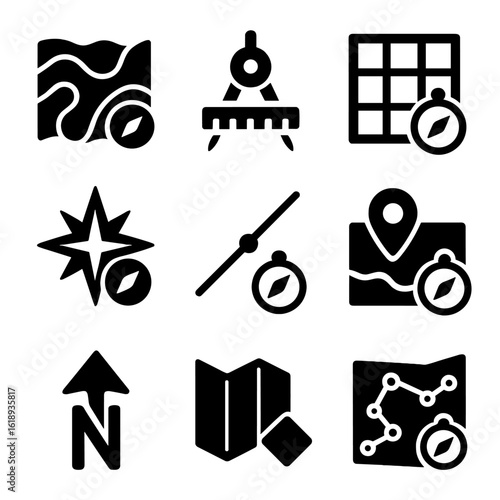 Navigational Icons Grid. Solid, filled icons set of using a compass with a map: topographic map, map scale,