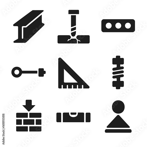 Structural Integrity Icons. Solid, filled icon set of structural integrity: support beam, anchor bolt, concrete slab, tension