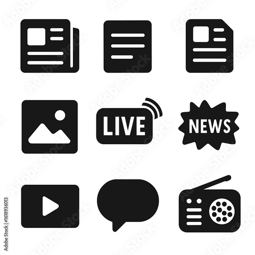 News Icon Set. Solid, filled icon set of News Site: newspaper, headline, article, photo, live, breaking news, video, comment,