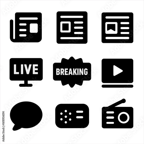 News Icon Set. Solid, filled icon set of News Site: newspaper, headline, article, photo, live, breaking news, video, comment,