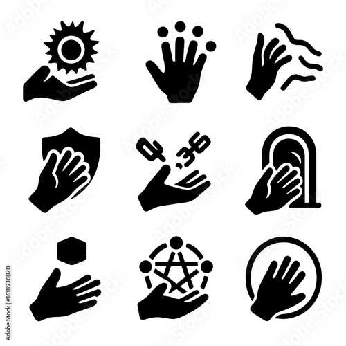 Supernatural Power Icons. Solid, filled icon set of supernatural power hands: energy blast, glowing fingertips, telekinesis waves,