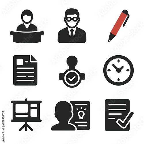 Newsroom Workflow Icons. Solid, filled icons set of newsroom and editorial workflow: news desk, editor icon,