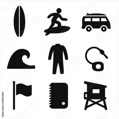 Surf Culture Icons. Solid, filled icon set of party games: charades mask, acting pose, trivia card, drawing pad, sand timer,