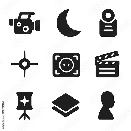 Night Cinematography Icons. Solid, filled icons set of night-time cinematography tools: low-light camera, moon