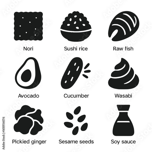 Sushi Ingredient Icons. Solid, filled icon set of sushi ingredients: nori sheet, sushi rice, raw fish, avocado, cucumber, wasabi,