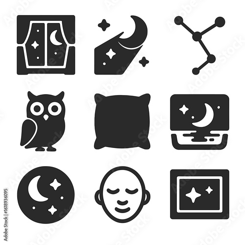 Night Sky Icons. Solid, filled icons set of night sky observation from home: bedroom window, moonlight beam,