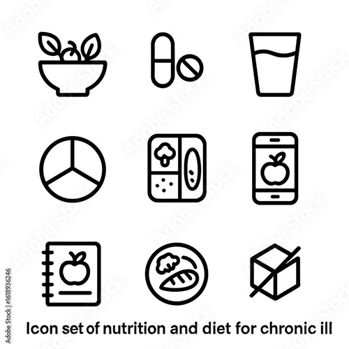 Nutrition Icon Set. Solid, filled icon set of nutrition and diet for chronic illness: salad bowl, vitamin supplements, water glass