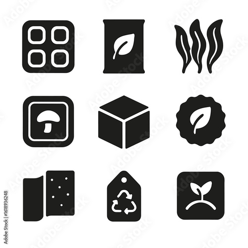 Sustainable Packaging Icons. Solid, filled icon set of green packaging innovations: molded pulp tray, compostable film, seaweed