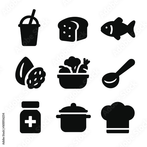 Nutrition Icon Set. Solid, filled icon set of nutrition and diet: smoothie cup, whole grain bread, fish, nuts, vegetable basket,