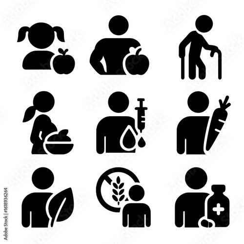 Nutrition Profile Icons. Solid, filled icon set of client nutrition profiles: child nutrition, athlete nutrition, senior nutrition