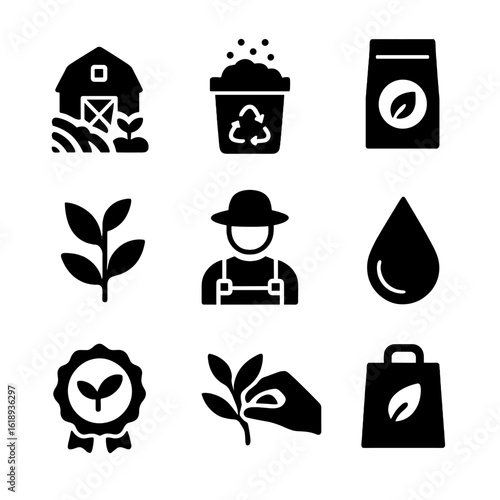 Sustainable Tea Icons. Solid, filled icon set of sustainable tea production: organic farm, compost icon, eco packaging, tea plant,