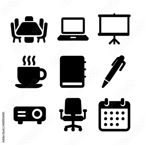 Office Essentials Icons. Solid, filled icon set of Office meeting essentials: conference table, laptop, presentation screen,
