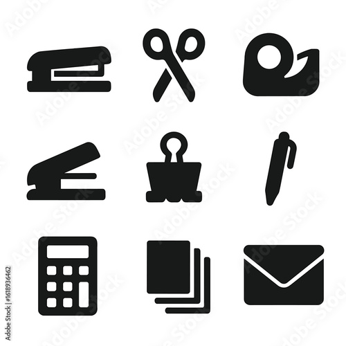 Office Supplies Icons. Solid, filled icon set of office supplies: stapler, scissors, tape dispenser, hole punch, binder clip, pen