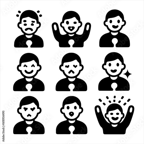 Talent Competition Emotions. Solid, filled icon set of talent competition emotions: nervousness, excitement, confidence, joy,