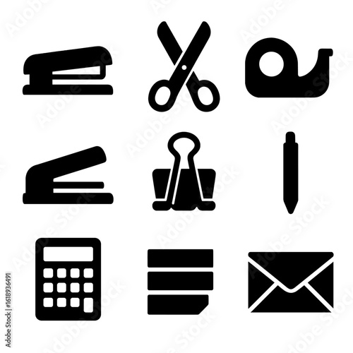 Office Supplies Icons. Solid, filled icon set of office supplies: stapler, scissors, tape dispenser, hole punch, binder clip, pen