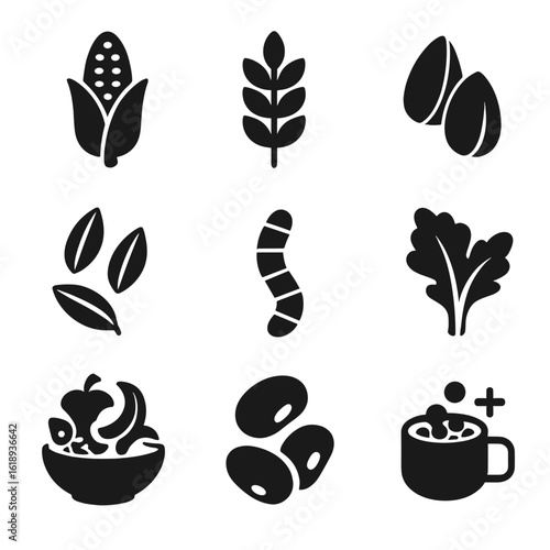 Organic Chicken Feed Icons. Solid, filled icons set of organic chicken feed ingredients: corn, wheat,