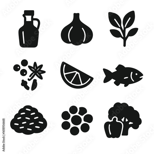 Organic Ingredients Icons. Solid, filled icon set of organic cooking ingredients: olive oil bottle, garlic bulb, fresh herbs,
