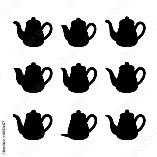Teapot Spout Icons. Solid, filled icon set of teapot spout styles: curved spout, short spout, gooseneck spout, wide spout, upward
