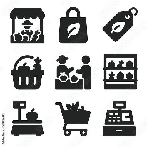 Organic Market Icons. Solid, filled icons set of organic produce market and sales: farmer’s market stall,