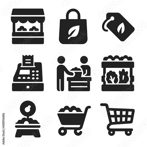 Organic Market Icons. Solid, filled icons set of organic produce market and sales: farmer’s market stall,