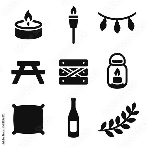 Outdoor Evening Icons. Solid, filled icons set of outdoor evening gathering: citronella candle, patio torch,