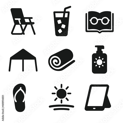 Outdoor Reading Essentials. Solid, filled icons set of outdoor reading essentials: folding chair, iced tea,