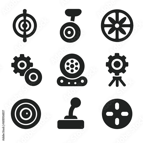 Technology Wheel Icons. Solid, filled icon set of technology wheels: gyroscope, hoverboard wheel, robotic wheel, drone propeller,