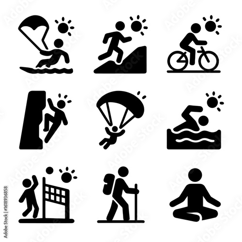Outdoor Sports Icons. Solid, filled icon set of outdoor sports under clear sky: kite surfing, trail running, cycling, rock