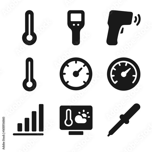 Temperature Icon Set. Solid, filled icon set of temperature measurement tools: thermometer, digital display, mercury tube,