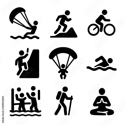 Outdoor Sports Icons. Solid, filled icon set of outdoor sports under clear sky: kite surfing, trail running, cycling, rock