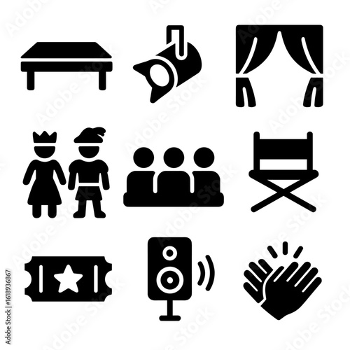 Outdoor Theater Icons. Solid, filled icons set of live outdoor theater experiences: stage platform, spotlight,