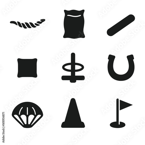 Outdoor Toy Icons. Solid, filled icon set of team play outdoor toys: tug-of-war rope, sack race bag, relay baton, bean bag, ring