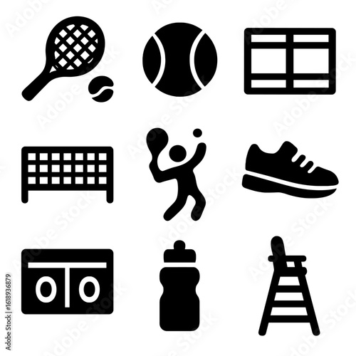 Tennis Icon Set. Solid, filled icon set of playing tennis: tennis racket, tennis ball, tennis court, net, player serve, tennis