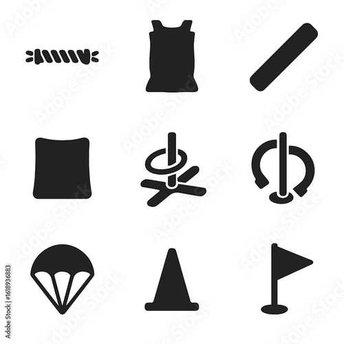 Outdoor Toy Icons. Solid, filled icon set of team play outdoor toys: tug-of-war rope, sack race bag, relay baton, bean bag, ring