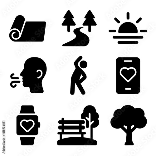 Outdoor Wellness Icons. Solid, filled icons set of outdoor wellness routines: yoga mat, nature path, sunrise,