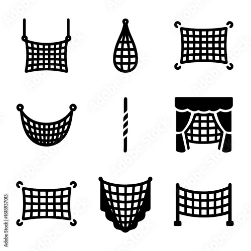 Theatrical Net Icons. Solid, filled icon set of theatrical and performance nets: trapeze net, aerial silk net, stunt net, safety