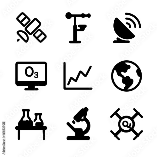 Ozone Research Icons. Solid, filled icon set of ozone monitoring and research: satellite, weather station, radar, data analysis,