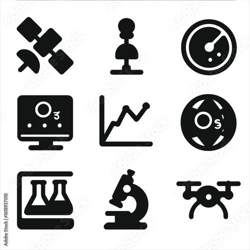 Ozone Research Icons. Solid, filled icon set of ozone monitoring and research: satellite, weather station, radar, data analysis,