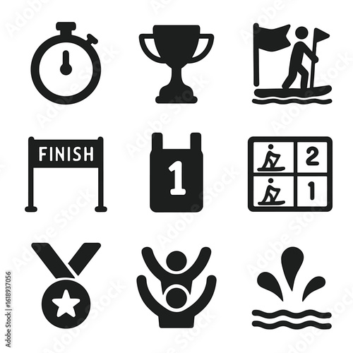 Paddleboard Race Icons. Solid, filled icon set of paddleboarding competitions: stopwatch, trophy, flag, finish line, race number,