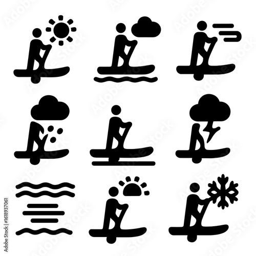 Paddleboarding Weather Icons. Solid, filled icon set of paddleboarding weather conditions: sunny, cloudy, windy, rainy, calm,