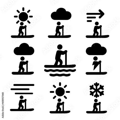 Paddleboarding Weather Icons. Solid, filled icon set of paddleboarding weather conditions: sunny, cloudy, windy, rainy, calm,