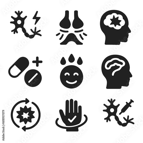 Pain Modulation Icons. Solid, filled icons set of pain perception and modulation: pain nerve, signal