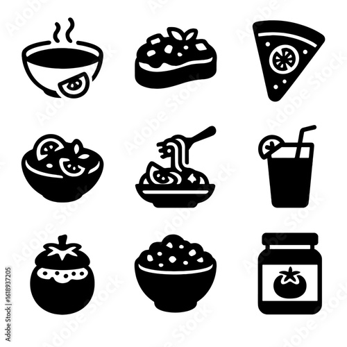 Tomato Foods Icon Set. Solid, filled icon set of tomato-based foods: tomato soup bowl, bruschetta, pizza slice with tomato, tomato