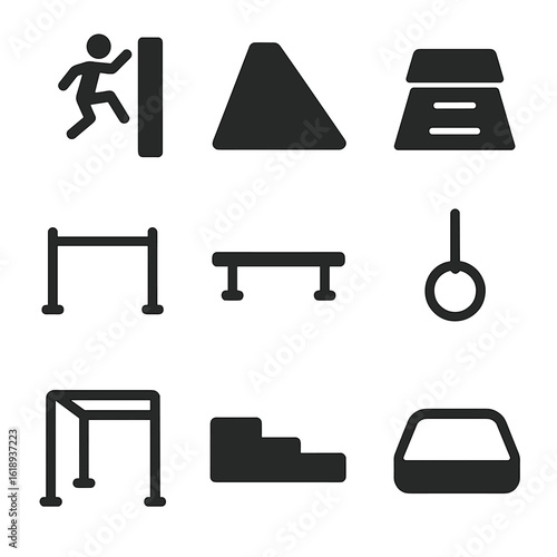Parkour Icons Set. Solid, filled icons set of parkour and free climbing structures: wall jump, angled panel,